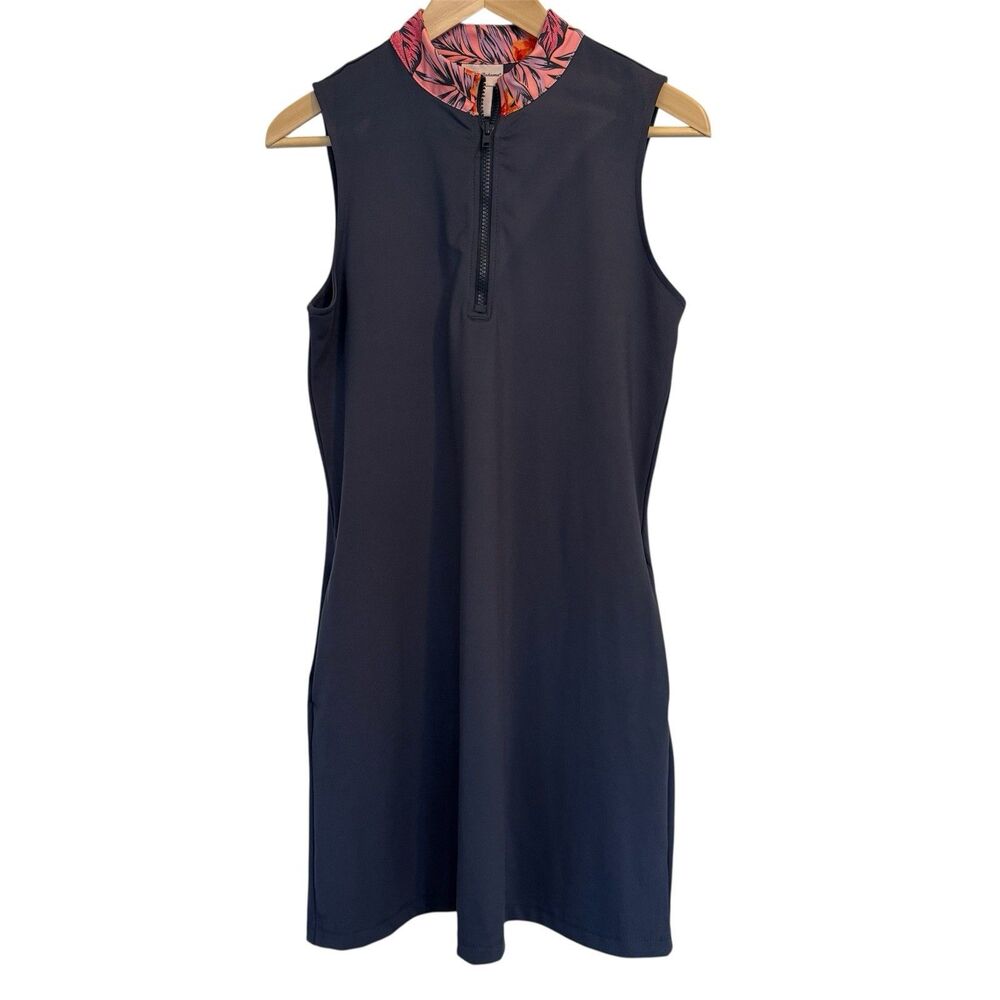 Tommy Bahama Golf Dress Womens Medium Blue w/ Floral Trim Sleeveless 1/4 Zip